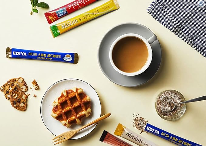 Korean 3 in 1 Instant Coffee Mix Variety Sample Packets-24 Sticks of 4 Different Flavors & Coffee Spoon.Camping or Traveling Essentials.