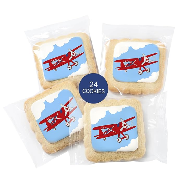 Airplane Cookies Theme 24 Pack Cookies Individually Wrapped | Red Glider Blue Sky Clouds Treats Dessert Birthday Party Baby Shower Aviation