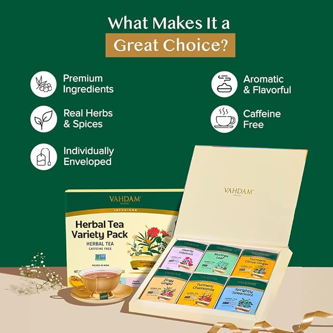 VAHDAM, Herbal Tea Sampler (36 Tea Bags, 6 Flavors) Caffeine-Free, Non-GMO | Assorted Tea Sampler - Turmeric Citrus Ginger, Turmeric Chamomile, Hibiscus, Moringa, Spearmint, Ginger | Gifts for Him/Her