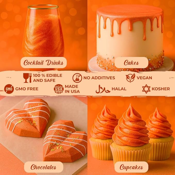 Bulk (20g) Orange Luster Dust Edible Glitter for Cocktails | Premium Edible Orange Luster Dust for Cake Decorations - Orange Edible Glitter for Drinks Cupcakes Cookies Cakes Food Paint