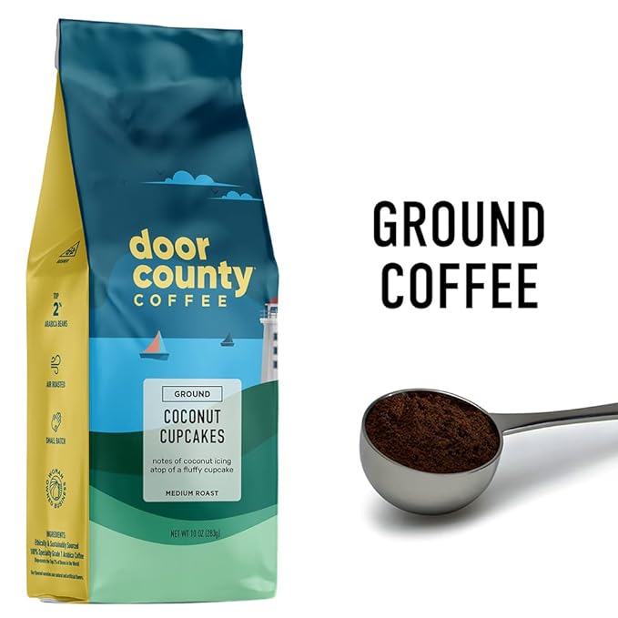 Door County Coffee Coconut Cupcakes Flavored Ground - 10 oz Bag - Flavored Ground Medium Roast - 100% Specialty Arabica - Flavored Gourmet - Coconut Cupcakes