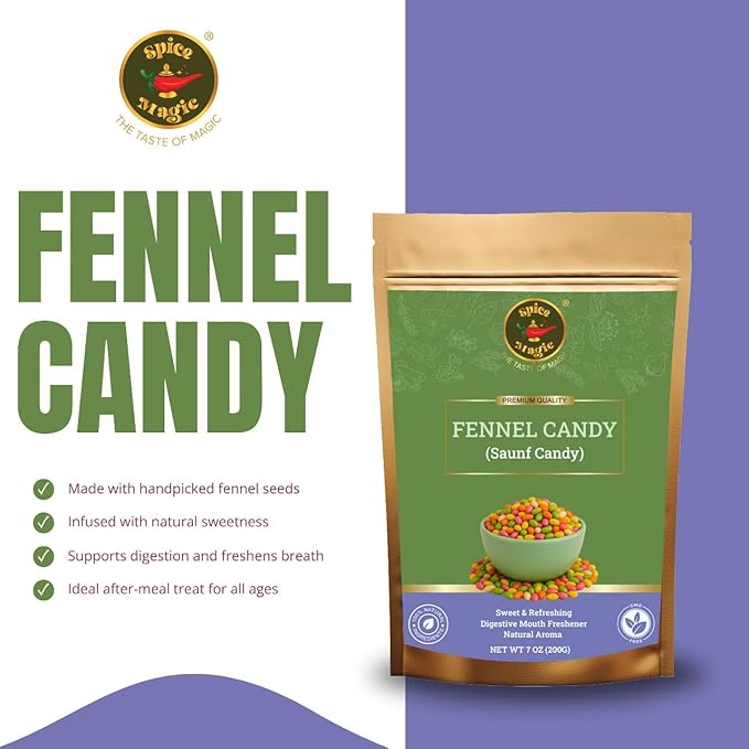 Spice Magic Fennel Candy ??7 oz (200g) | Sweet & Refreshing Mouth Freshener | Traditional Indian Saunf Mukhwas | Digestive Delight (7oz (200g), Fennel Candy)