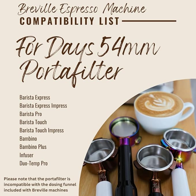 For Days 54mm Flat Base Bottomless Naked Portafilter Intended for Breville Espresso Machines, Includes Filter Basket, Wood Handle, Plastic Handle, Stainless Steel (Black Handle - Original)