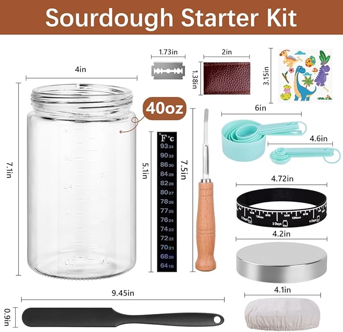 40oz Large Sourdough Starter Jar Glass Kit Wide Mouth with Black Silicone Spatula, Aluminum Lid, Cloth Cover, Date Marked Band, Thermometer (#1p 40oz with Black)