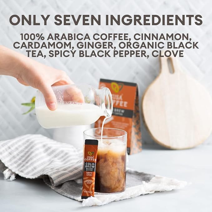Cusa Tea & Coffee, Dirty Chai Cold Brew. Premium Instant Coffee, Rainforest Alliance Certified Arabica Beans. Drink Mix Packets Ready in Seconds, Makes Hot or Iced Coffee (30 Servings)