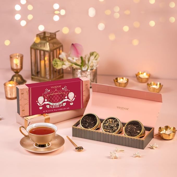 VAHDAM, BLUSH - Assorted Tea Gift Set for Women (3 Premium Teas) Tin Caddy Presentation Box | Loose Leaf | Gluten Free, Non GMO | Gifts for Her | Gifts for Women