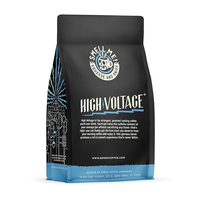 Bones Coffee Company High Voltage, Highly Caffeinated Unflavored Coffee, Medium Roast Low Acid Arabica Beans Compatible with Auto drip and French Press Coffee Maker, 12 Oz Whole Bean