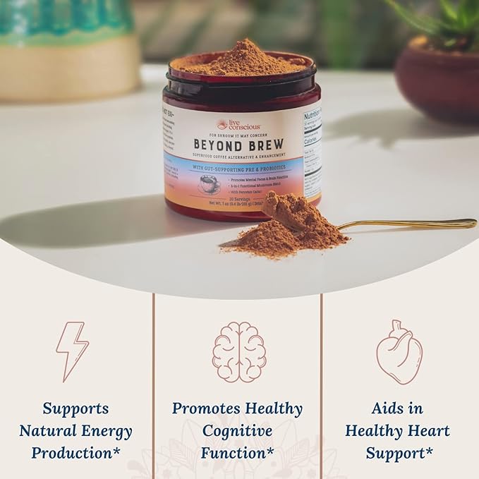 Live Conscious Beyond Brew - Coffee Alternative - Low Caffeine - Mushroom Complex w/Lion’s Mane, Reishi, Cordyceps & Chaga for Sustained Focus, Energy & Immunity - w/Prebiotics & Probiotics - 30