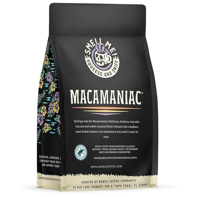 Bones Coffee Company Macamaniac, Macadamia and Coconut Flavored Coffee, Medium Roast Low Acid Arabica Beans Compatible with Auto drip and French Press Coffee Maker, 12 Oz Ground