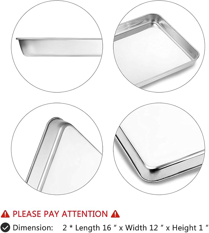 Baking Sheet Set of 2, Stainless Steel 2-Piece Cookie Sheet, Toaster Oven Baking Pan Set, Rectangle Size 16 x 12 x 1 inch, Healthy & Non Toxic, Mirror Finish & Rust Free, Dishwasher Safe