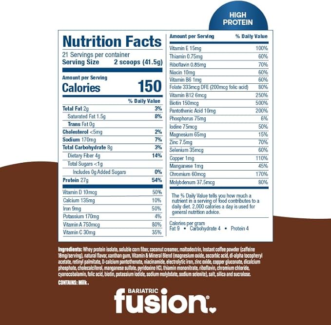 Bariatric Fusion Cappucino Meal Replacement 27g Protein Powder, 21 Serving Tub for Bariatric Surgery Patients Including Gastric Bypass and Sleeve Gastrectomy - No Gluten, Aspartame or Sugar
