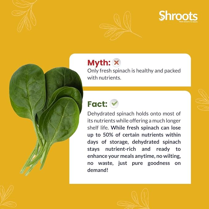 SHROOTS Dehydrated Spinach (Palak) Leaves Flakes Pure Vegetarian Gluten-Free No Added Salt Easy Cooking Essential Machine Dried Vegetables with Natural Aroma Ideal for Everyday Meals 1.06 oz Pack of 1