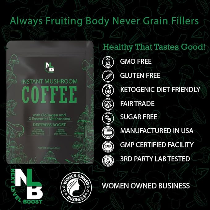 Destress Boost Organic mushroom Instant Coffee - 10 x 9g Packets - Healthy Coffee alternative and Substitute - With Gaba, Collagen, Lions Mane and Antioxidant