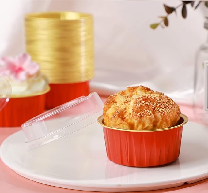 EUSOAR Dessert Cups with Lids, 30pcs 5oz Disposable Aluminum Tin Foil Ramekins Cupcake Baking Cups Containers Wrappers with Lids, Mini Aluminum Cheesecake Pan Creme Brulee Ramekins-Red+Gold