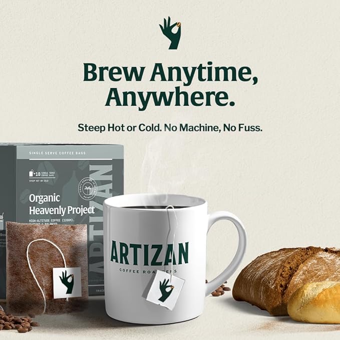Artizan Organic Single-Serve Coffee Bags – Heavenly Project Swiss Water Decaf | Full City Roast | 10 Count | No Equipment Needed | Specialty-Grade Craft Roasted, Nitro-Sealed, Compostable