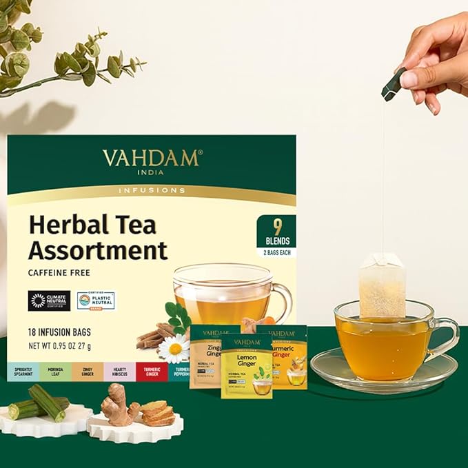 VAHDAM, Assorted Herbal Tea Sampler (18 Tea Bags, 9 Flavors) Caffeine-Free, Non-GMO | Double Infusion, Individually Enveloped Tea Bags | Herbal Tea Assortment