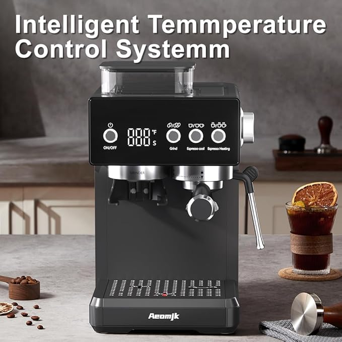 espresso machine,Grinding Semi-Automatic Coffee Machine, Temperature, Time Display, with Steam Wand for Milk Froth, Easy to Operate Espresso Machine, Can Make Espresso, Latte, Cappuccino