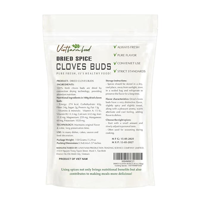 DRIED CLOVE BUDS 5.29 Oz (150g) VIETFARMFOOD: Natural pure, convection dried seasoning made from real vegetables - perfect for adding flavor to any meal, from cooking, baking, salads, soups, sauces