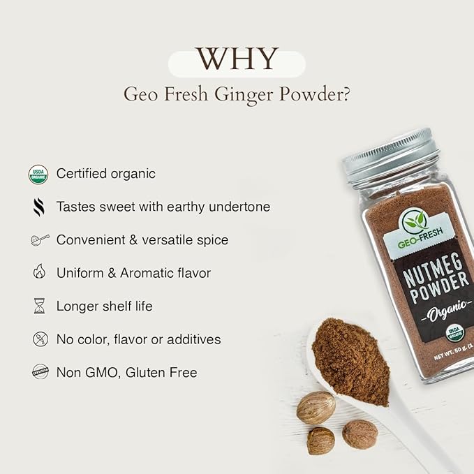 Geo-Fresh Organic Nutmeg Ground Powder, 1.76 oz (50g) - Ground Nutmeg for Baking & Cooking - Premium Nutmeg Powder Organic - USDA Certified Organic - Non-GMO, Kosher & Gluten-Free - Aromatic & Freshly Sourced
