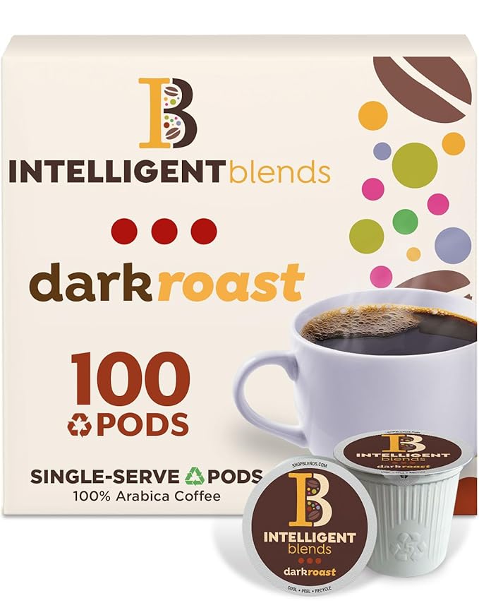 Intelligent Blends Dark Roast Coffee Pods, 100 ct, Recyclable Single Serve Pods – 100% Arabica Coffee, Compatible with Keurig K Cups Maker
