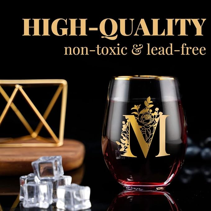 Onebttl Unique Stemless Wine Glasses, Initial Wine Cup for Red or White Wine - 18oz, Monogrammed, Gold - for Women, Girls, Female, Her, Friends, Coworkers, Clients - for Birthday, Christmas