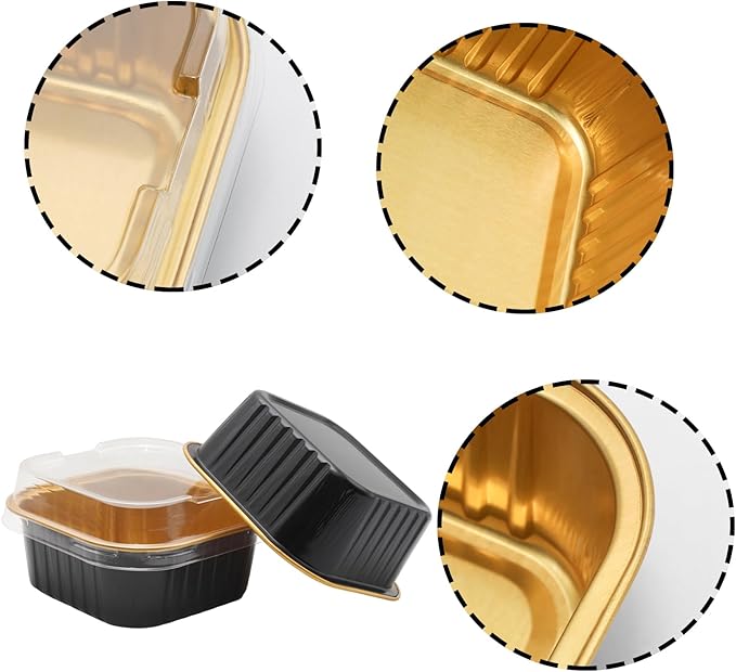 100 Pack 5oz Aluminum Pans with Lids Mini Square Foil Baking Cups with Lids Cupcake Baking Holders, Black Gold