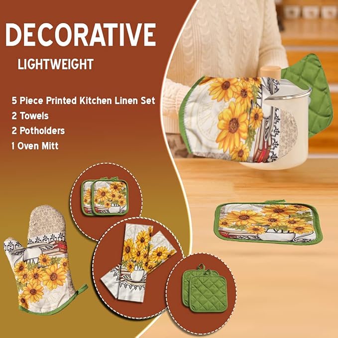 Lobyn Value Packs: Bright Sunflower 5-Piece Kitchen Set ??2 Soft Terry Dish Towels and 2 Quilted Potholders & 1 Oven Mitt for Everyday Use