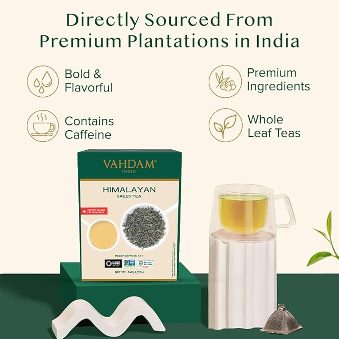 VAHDAM, Green Tea Leaves From Himalayas 170+ Cups (12oz) High Elevation Grown Green Tea Leaves From Himalayas | Pure Unblended Single Origin Green Loose Leaf Tea | Vacuum Sealed