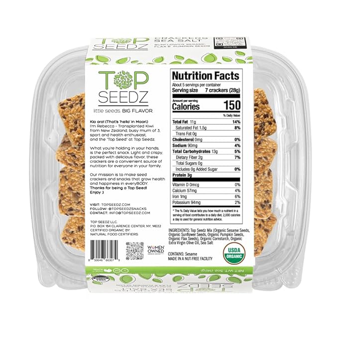 Top Seedz Certified Organic Gluten Free Sea Salt Seed Crackers | 6-Pack | 5 Ounces | Healthy Vegan Crackers with Plant Based Protein | Made of Sunflower, Flax, Sesame and Pumpkin Seed