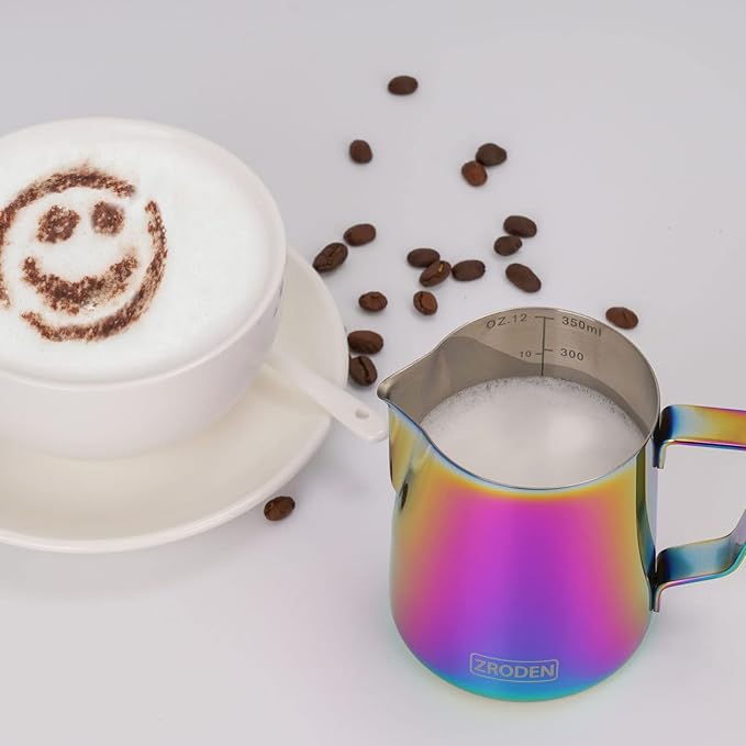 Milk Frothing Pitcher, 12oz Espresso Steaming Pitchers Stainless Steel Cappuccino Coffee Machine Accessories Barista Tools Steam Froth Pitchers Milk Jug Cup with Decorating Pen Latte Art, Rainbow