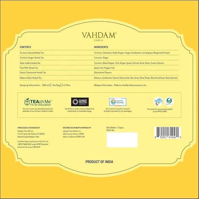 VAHDAM, Assorted Herbal Tea Variety Pack (6 Variants, 36 Tea Bags) Caffeine Free, Gluten Free, Non GMO | Eco Friendly Long Leaf Pyramid Tea Bags I Tea Gift Sets for Men and Women