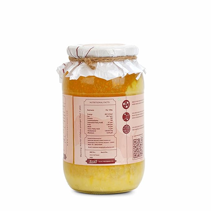 Indicow A2 Desi Kankrej Cow Ghee | Clarified Butter | Grass Fed, Pasture Raised Clarified Butter Fat, Keto, Paleo, Lactose Free, Casein Free, Non-GMO | a2 ghee grass fed(1000ML(33.8oz), A2 Cow Ghee) | Price Revision soon
