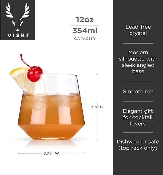 Viski Raye Angled Crystal Tumblers Set of 2 - Premium Crystal Clear Glass, Lowball Cocktail Glasses, Martini Glass Gift Set - 12 oz