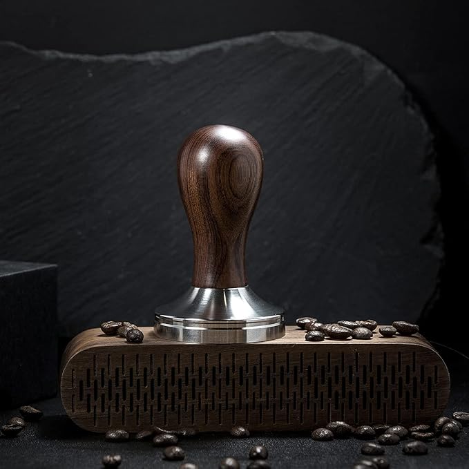 Coffee Tamper Espresso Press with Tamper Mat 304 Stainless Steel Flat Base Wooden Handle for Coffee Grounds Barista Espresso Machines Accessory (53MM)