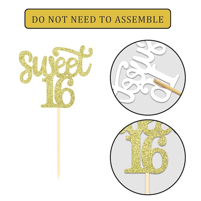 24 Pcs Sweet 16 Gold Glitter Birthday Cupcake Toppers for 16th Birthday Celebrating Party Decorations (Gold)