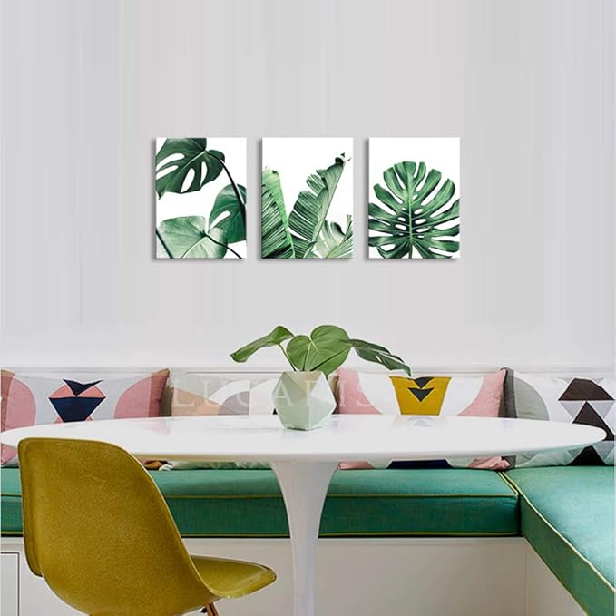 Canvas Wall Art Green Leaf Simple Life Painting Dathroom Wall Decor Monstera Plant 3 Pieces Framed Canvas Pictures Contemporary Watercolor Artwork Ready to Hang for Home Decoration Office Wall Decor