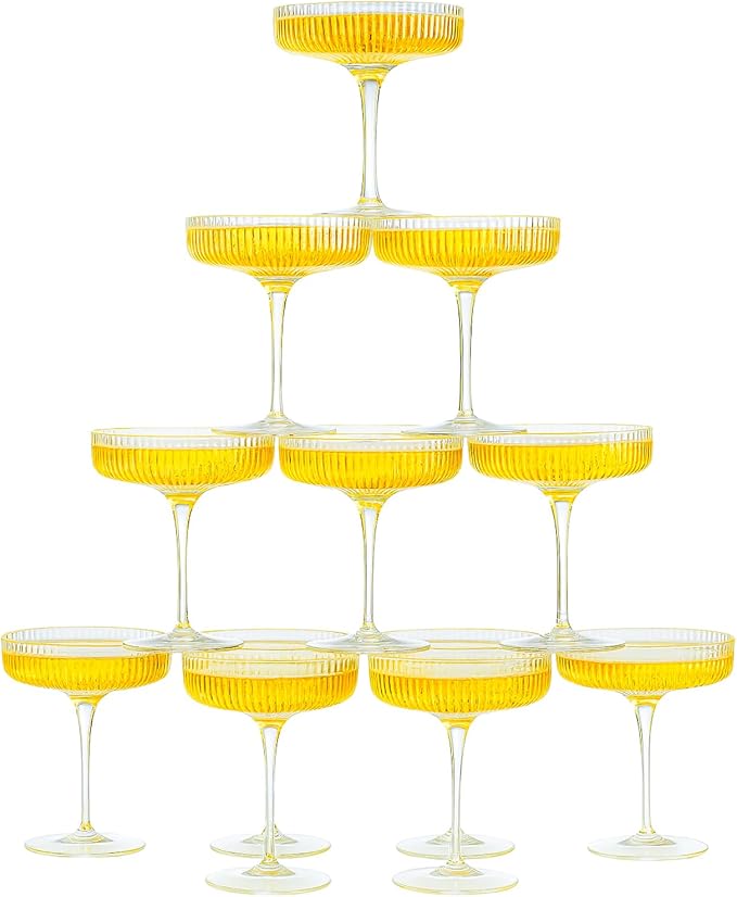 Khen Crystal Glass Ribbed Vintage Art Deco Coupe - 8oz. Set of 12 Crystal Glasses - Weddings & Parties, Champagne Tower, Hosting Essentials, Champagne & Cocktail Goblet Stemmed Ripple Coupes Glassware
