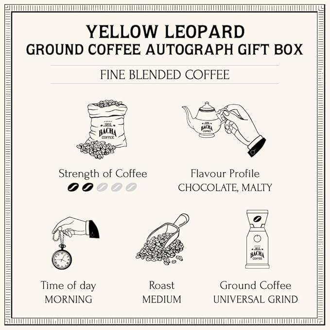 Bacha Coffee | Yellow Leopard Fine Blended Coffee, Autograph Collection, 100% Arabica Specialty Coffee, Ground Beans, Medium Roast, 250g