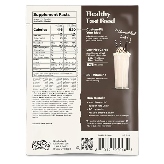 Keto Chow | Keto Meal Replacement Shake | Nutritionally Complete | Low Carb | Delicious Easy Meal Substitute | You Choose The Fat | Cookies and Cream | 21 Meal Bulk Pack