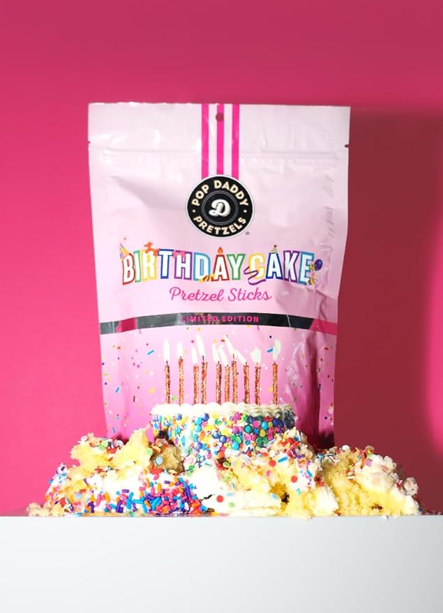 Pop Daddy Pretzels Sticks, Healthy Gourmet Flavored Pretzels Snacks, 7.5oz Individual Bags, 3 Pack, Birthday Cake