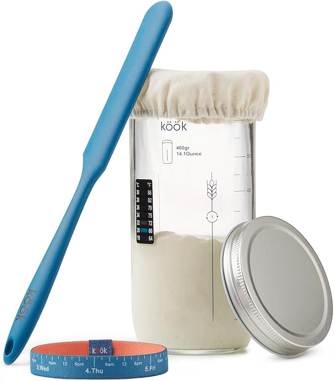Sourdough Starter Kit, by Kook, Sourdough Starter Jar, Sourdough Bread Baking Supplies, Date Marked Feeding Band, Metal Cap, Thermometer, Silicone Spatula Scraper, Cloth Cover, 24 oz