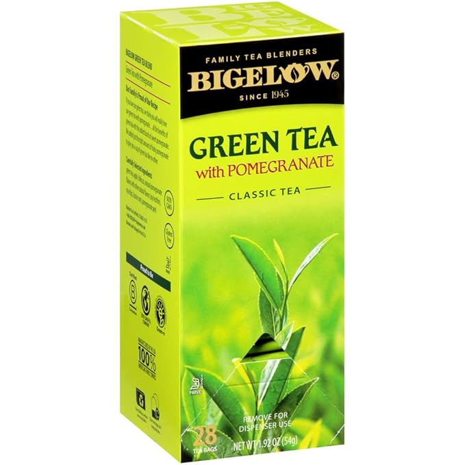 Bigelow Green Tea with Pomegranate 28-Count Box (Pack of 1) Premium Green Tea with Pomegranate Rosehips Hibiscus Antioxidant-Rich All Natural Medium-Caffeine Tea in Foil-Wrapped Bags