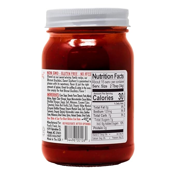Bone Suckin' Sauce Sweet Southern Thick BBQ Sauce, 18 oz Glass Bottle, For Ribs, Chicken, Pork, Beef - Gluten-Free, Non-GMO, Kosher, Thick Barbecue Sauce Sweetened with Cane Sugar & Molasses - 1 Pc