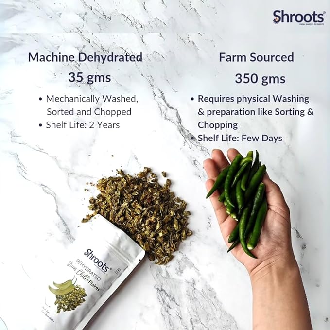 SHROOTS Dehydrated Green Chilli Flakes Pure Vegetarian Gluten-Free No Added Salt Easy Cooking Machine Essential Dried Vegetable with Natural Aroma Perfect for Seasoning & Spice Mix 1.23 oz, Pack of 1
