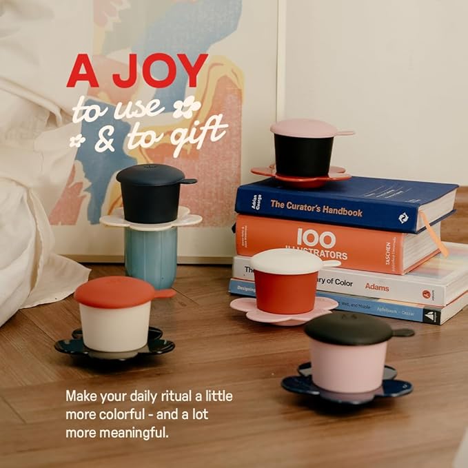 ??Vietnamese Coffee Dripper ??MIX COLORS ??Pour Over Coffee Maker with Flower Design ??Reusable Coffee Filter for Sustainable Brewing (Pink + Ivory)