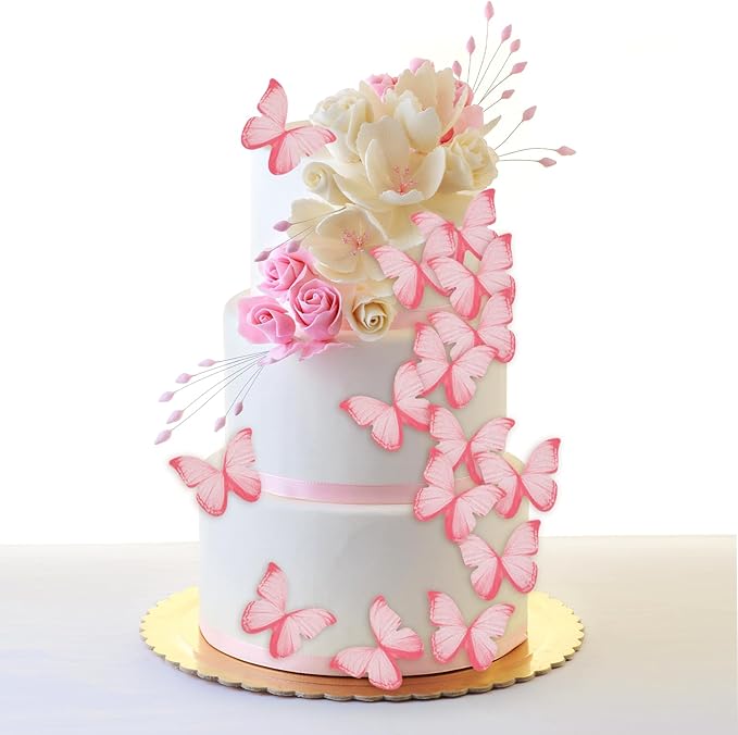 60PCS Wafer Paper Butterflies Cupcake Toppers, Pink Edible Butterflies for Cake Decorating, Edible Cupcake Decorations for Birthday Cake Decorations Anniversary Wedding Baby Shower