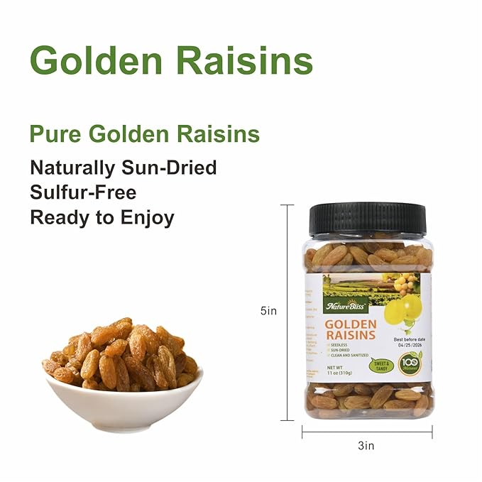 Naturebliss Premium Golden Raisins, Seedless Grape Dried Fruit Snacks, No Sugar Added, No Preservatives, Non-GMO, Naturally Shade-Dried Raisins, Healthy Power Gummy Snack (11 OZ/Pack of 1)