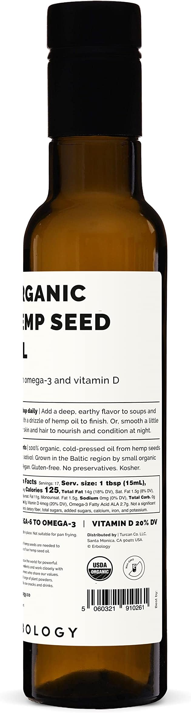 Erbology Organic Hemp Seed Oil 8.5 fl oz - Cold-Pressed - Rich in Omega-3 - Source of Vitamin D - Straight from Farm - Non-GMO - No Additives or Preservatives - Recyclable Glass Bottle