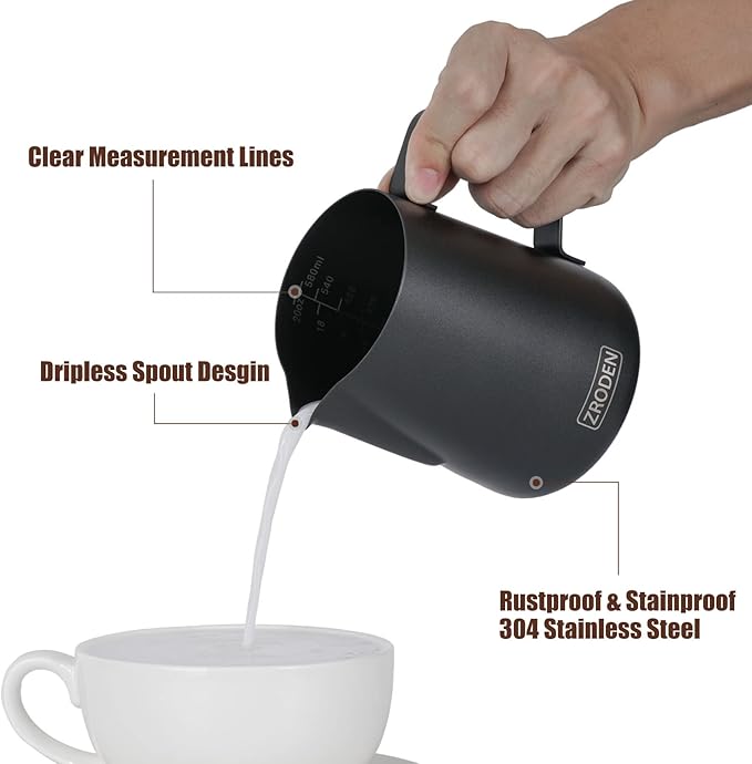 Milk Frothing Pitcher, 20oz Espresso Steaming Pitchers Stainless Steel Cappuccino Coffee Machine Accessories Barista Tools Steam Froth Pitchers Milk Jug Cup with Decorating Pen Latte Art, Matte Black