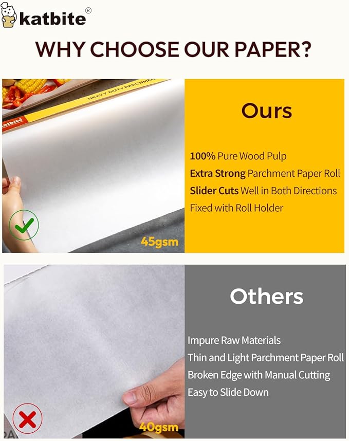 Katbite Heavy Duty Parchment Paper Roll for Baking, 12 in x 262 ft Non-Stick Baking Paper for Cooking, Baking Cookies, Grilling, Air Fryer and Steaming (1Pack)